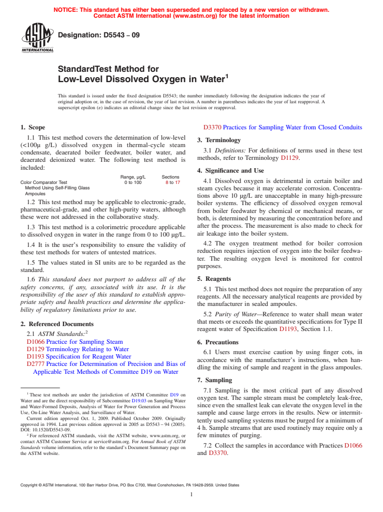 ASTM D5543-09 - Standard Test Methods for Low-Level Dissolved Oxygen in Water