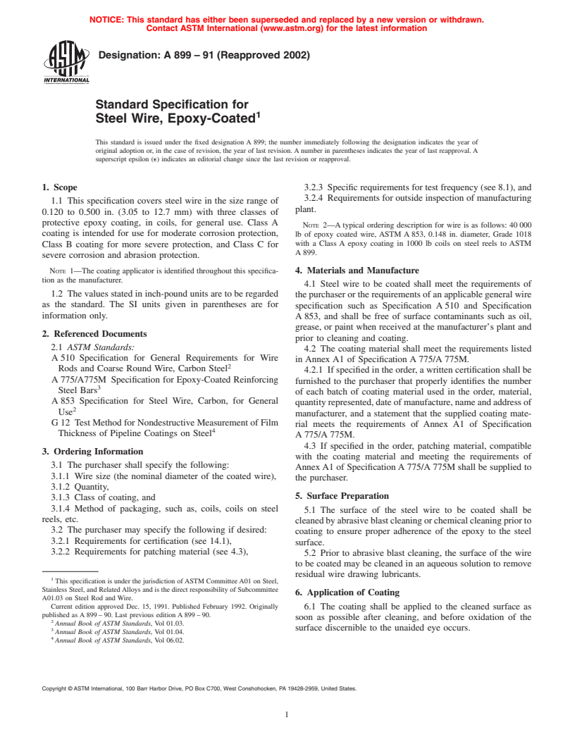 ASTM A899-91(2002) - Standard Specification for Steel Wire, Epoxy-Coated