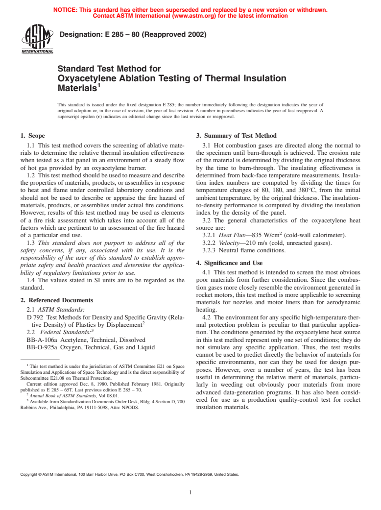 ASTM E285-80(2002) - Standard Test Method for Oxyacetylene Ablation Testing of Thermal Insulation Materials