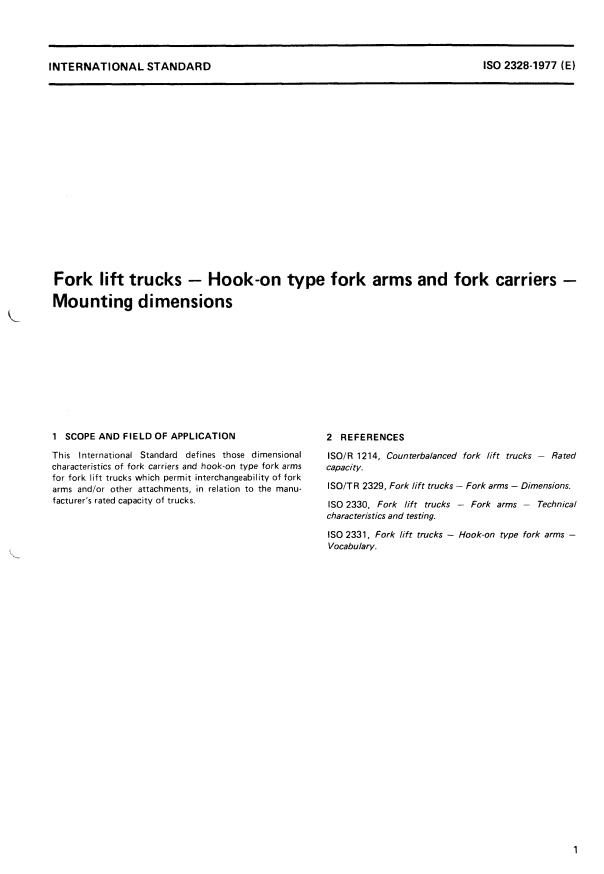 ISO 2328:1977 - Fork lift trucks -- Hook-on type fork arms and fork carriers -- Mounting dimensions