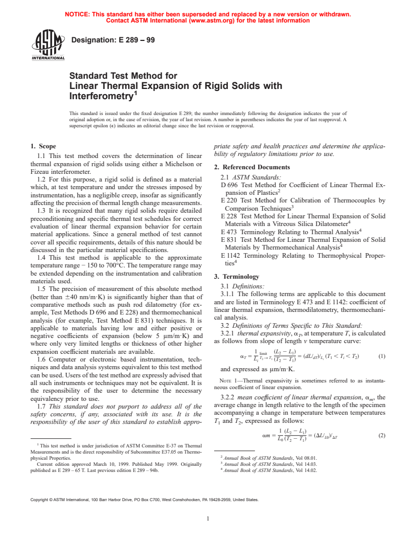 ASTM E289-99 - Standard Test Method for Linear Thermal Expansion of Rigid Solids with Interferometry