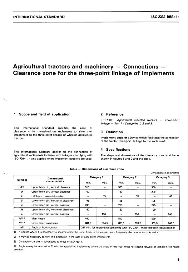 ISO 2332:1983 - Agricultural tractors and machinery -- Connections -- Clearance zone for the three-point linkage of implements