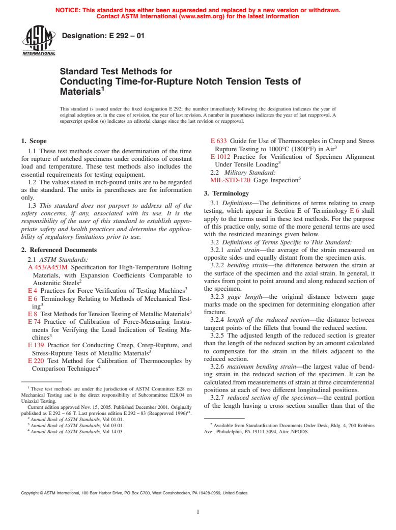 ASTM E292-01 - Standard Test Methods for Conducting Time-for-Rupture Notch Tension Tests of Materials