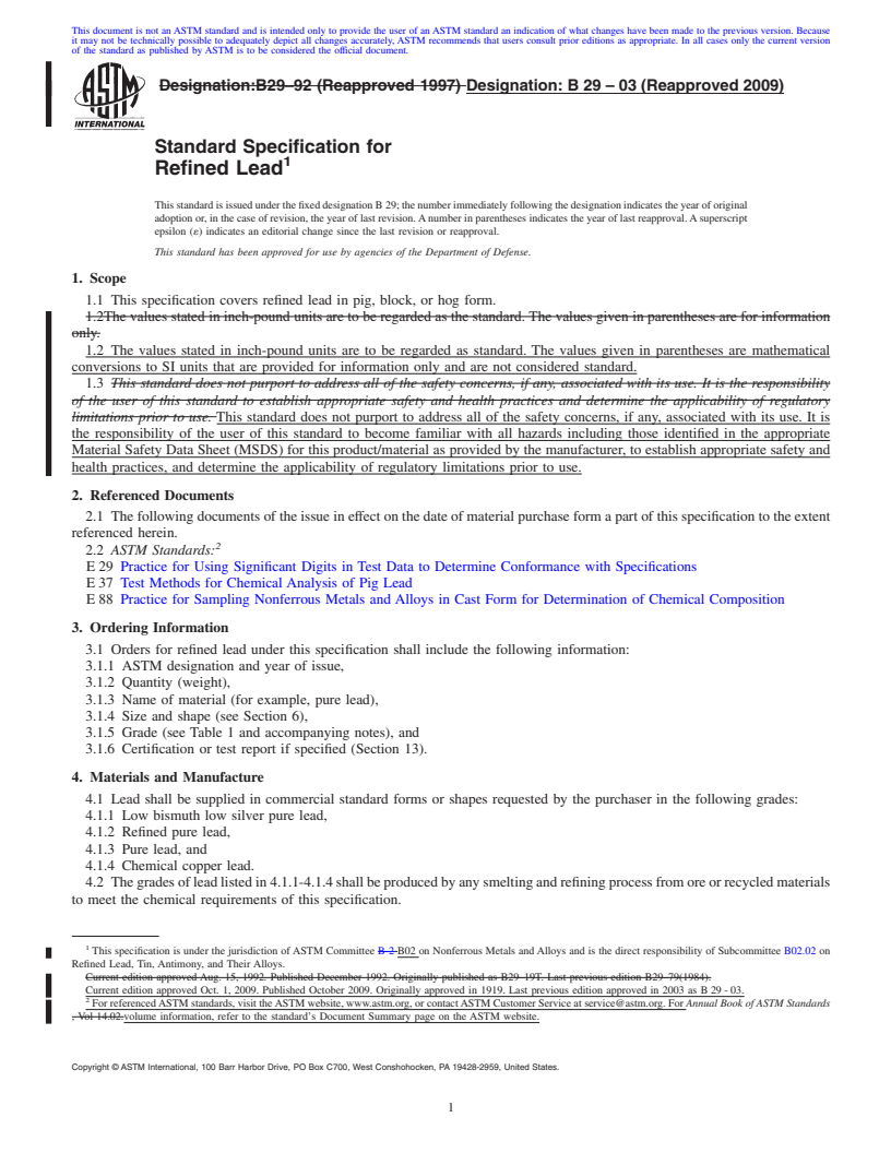 REDLINE ASTM B29-03(2009) - Standard Specification for Refined Lead