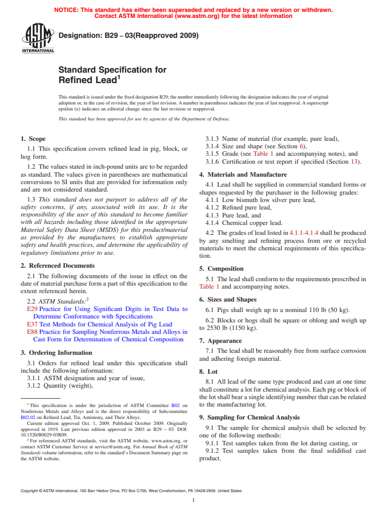 ASTM B29-03(2009) - Standard Specification for Refined Lead