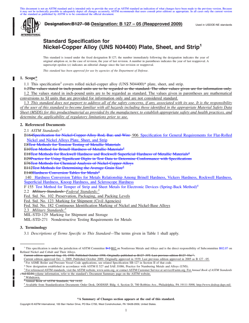 REDLINE ASTM B127-05(2009) - Standard Specification for Nickel-Copper Alloy (UNS N04400) Plate, Sheet, and Strip