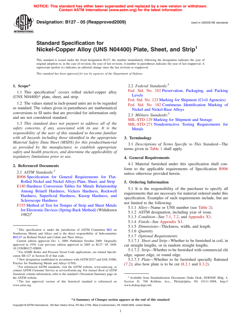 ASTM B127-05(2009) - Standard Specification for Nickel-Copper Alloy (UNS N04400) Plate, Sheet, and Strip