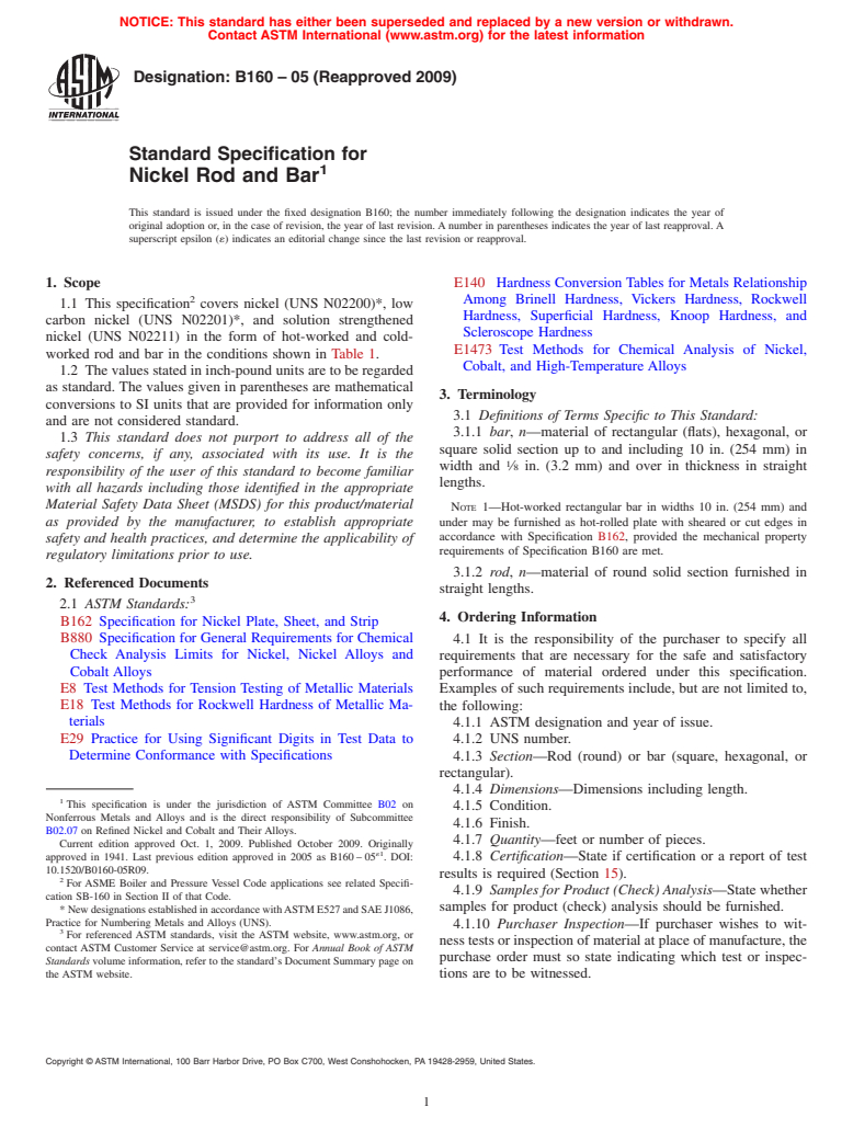 ASTM B160-05(2009) - Standard Specification for  Nickel Rod and Bar