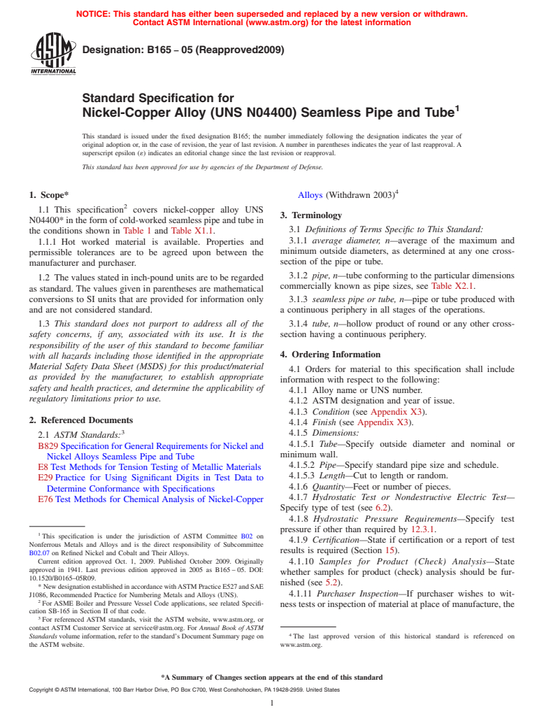 ASTM B165-05(2009) - Standard Specification for Nickel-Copper Alloy (UNS N04400)* Seamless Pipe and Tube