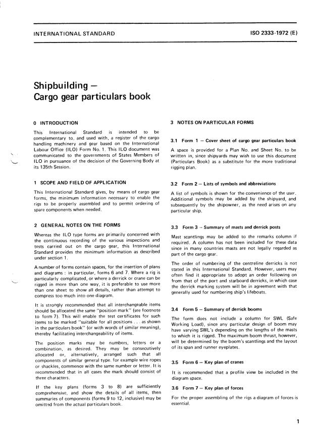 ISO 2333:1972 - Shipbuilding -- Cargo gear particulars book