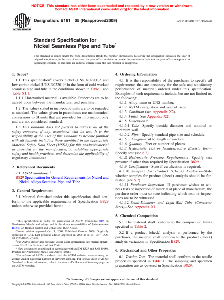 ASTM B161-05(2009) - Standard Specification for Nickel Seamless Pipe and Tube