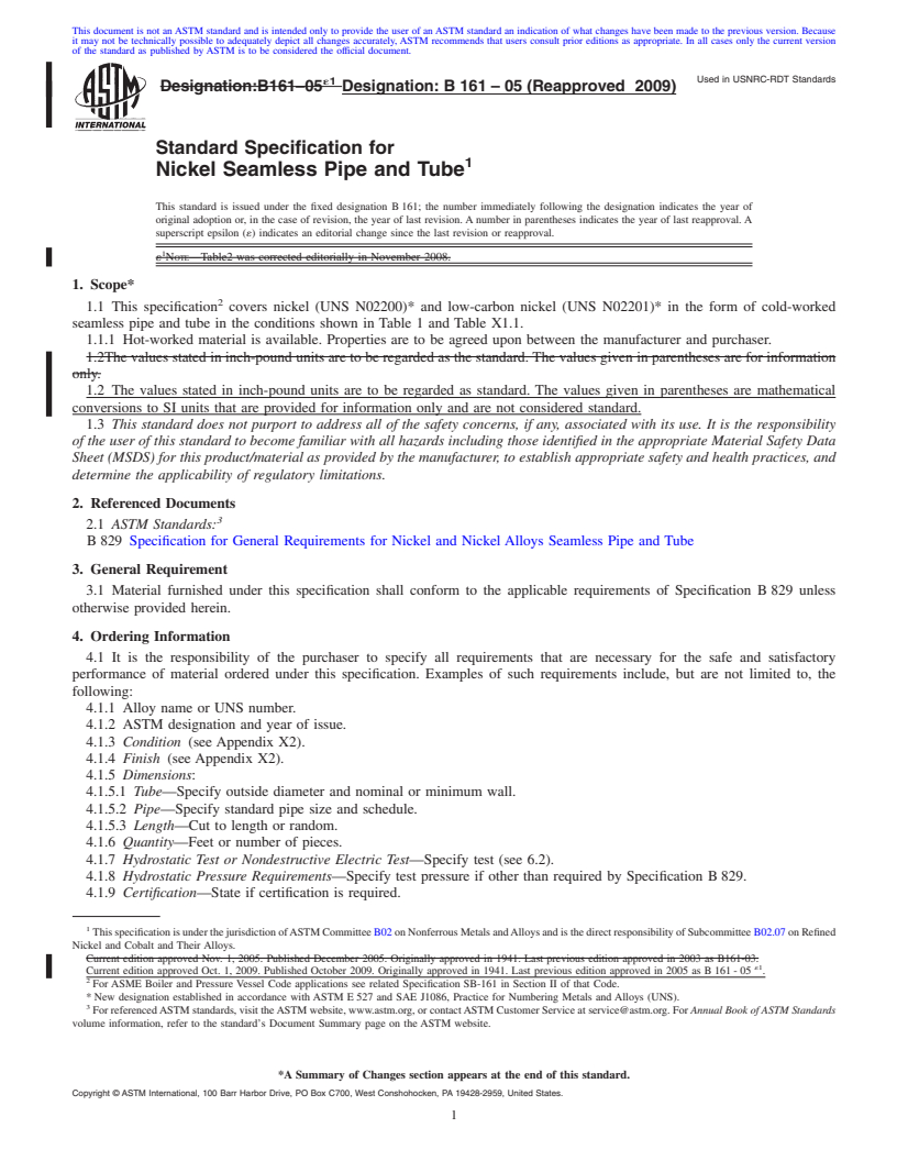 REDLINE ASTM B161-05(2009) - Standard Specification for Nickel Seamless Pipe and Tube