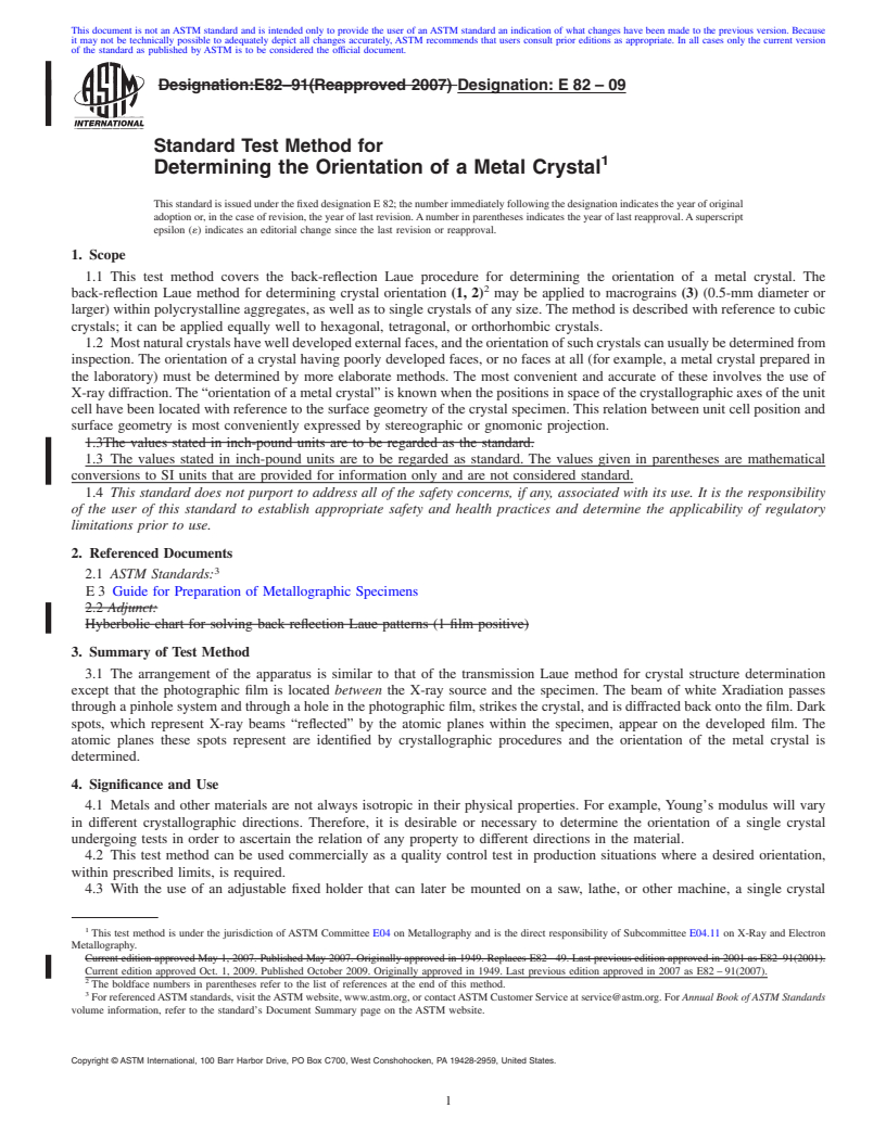 REDLINE ASTM E82-09 - Standard Test Method for Determining the Orientation of a Metal Crystal