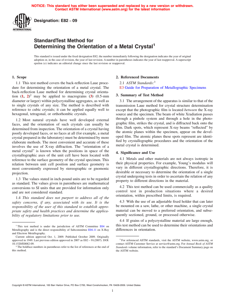 ASTM E82-09 - Standard Test Method for Determining the Orientation of a Metal Crystal