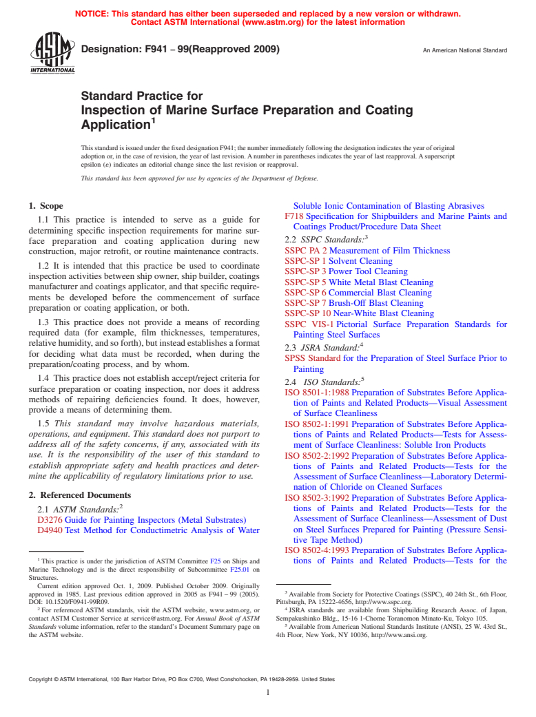 ASTM F941-99(2009) - Standard Practice for Inspection of Marine Surface Preparation and Coating Application