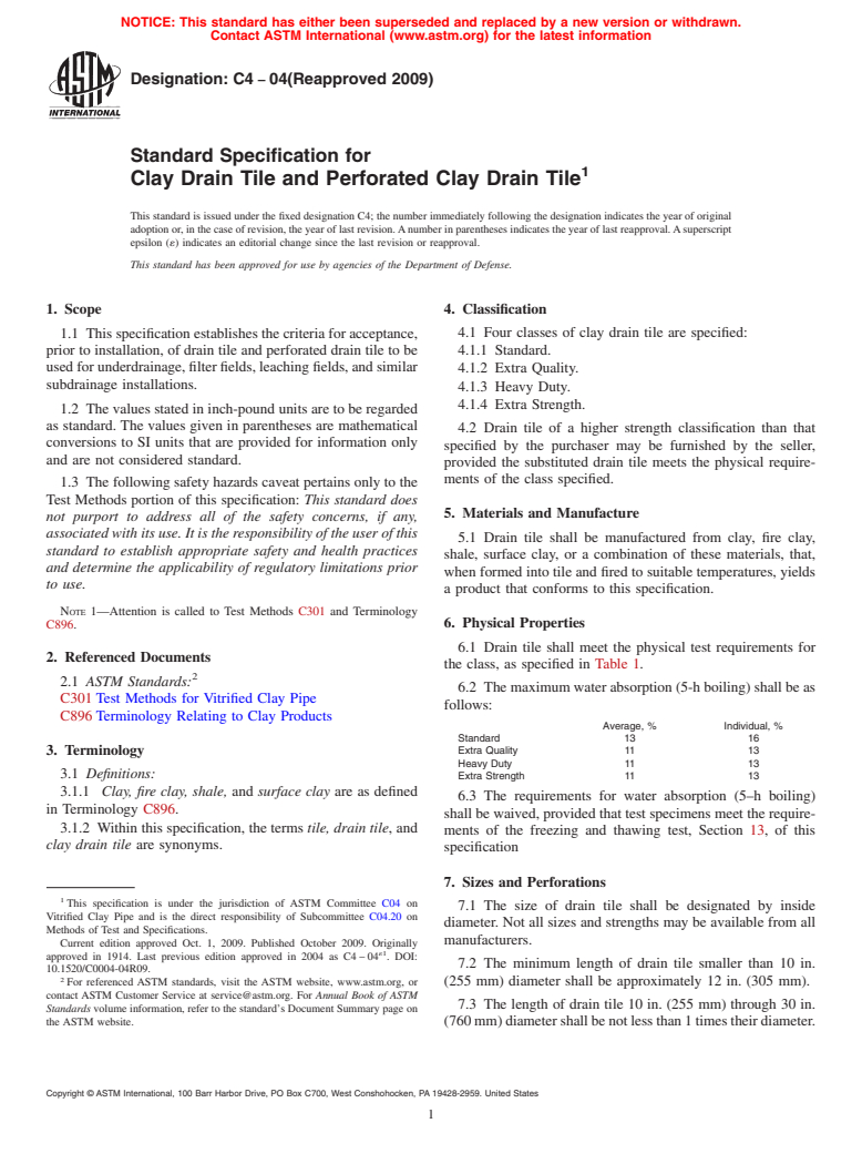 ASTM C4-04(2009) - Standard Specification for Clay Drain Tile and Perforated Clay Drain Tile