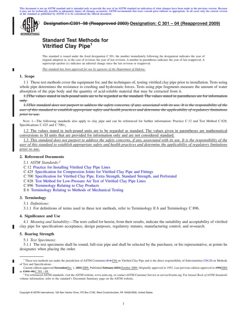 REDLINE ASTM C301-04(2009) - Standard Test Methods for Vitrified Clay Pipe