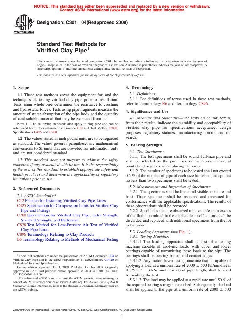 ASTM C301-04(2009) - Standard Test Methods for Vitrified Clay Pipe