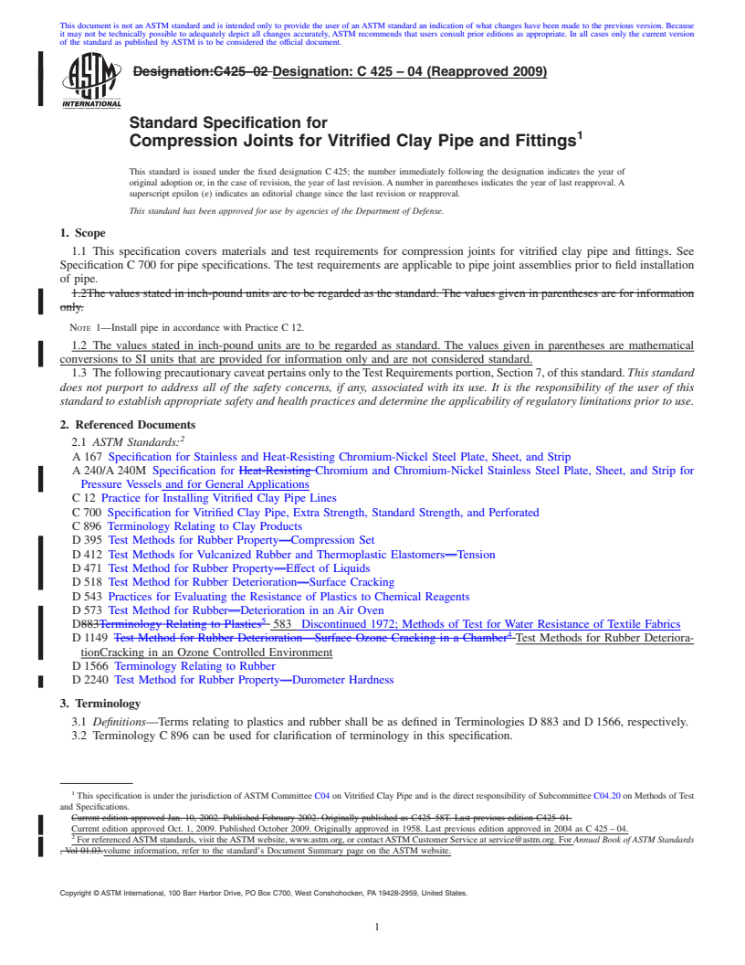 REDLINE ASTM C425-04(2009) - Standard Specification for Compression Joints for Vitrified Clay Pipe and Fittings