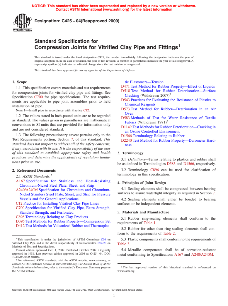 ASTM C425-04(2009) - Standard Specification for Compression Joints for Vitrified Clay Pipe and Fittings