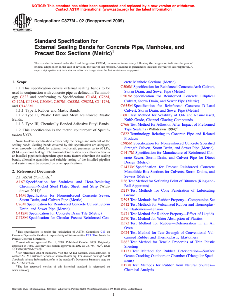 ASTM C877M-02(2009) - Standard Specification for External Sealing Bands for Concrete Pipe, Manholes, and Precast Box Sections (Metric)