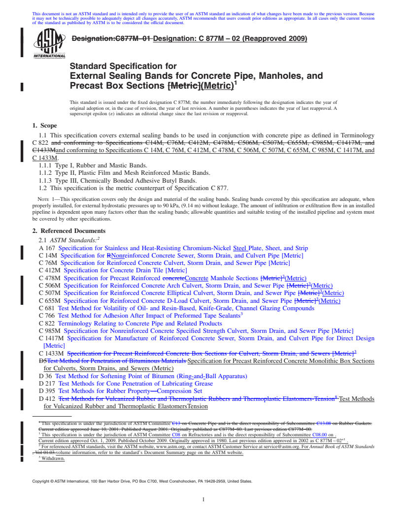 REDLINE ASTM C877M-02(2009) - Standard Specification for External Sealing Bands for Concrete Pipe, Manholes, and Precast Box Sections (Metric)