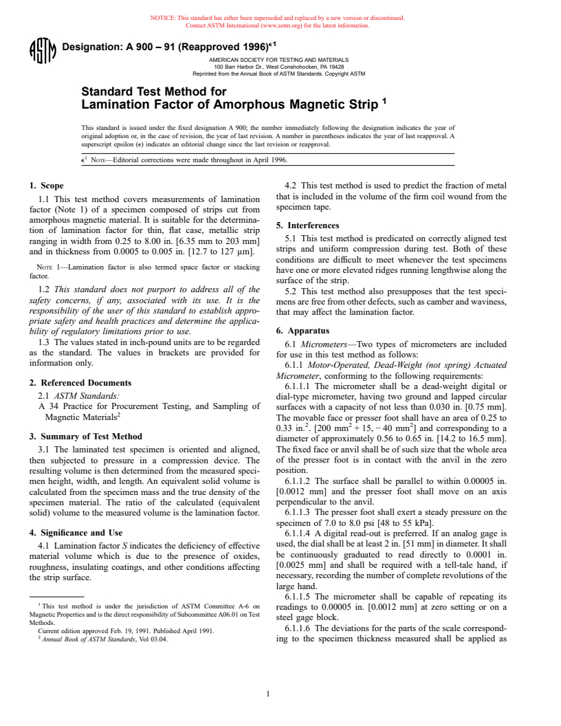 ASTM A900-91(1996)e1 - Standard Test Method for Lamination Factor of Amorphous Magnetic Strip (Withdrawn)