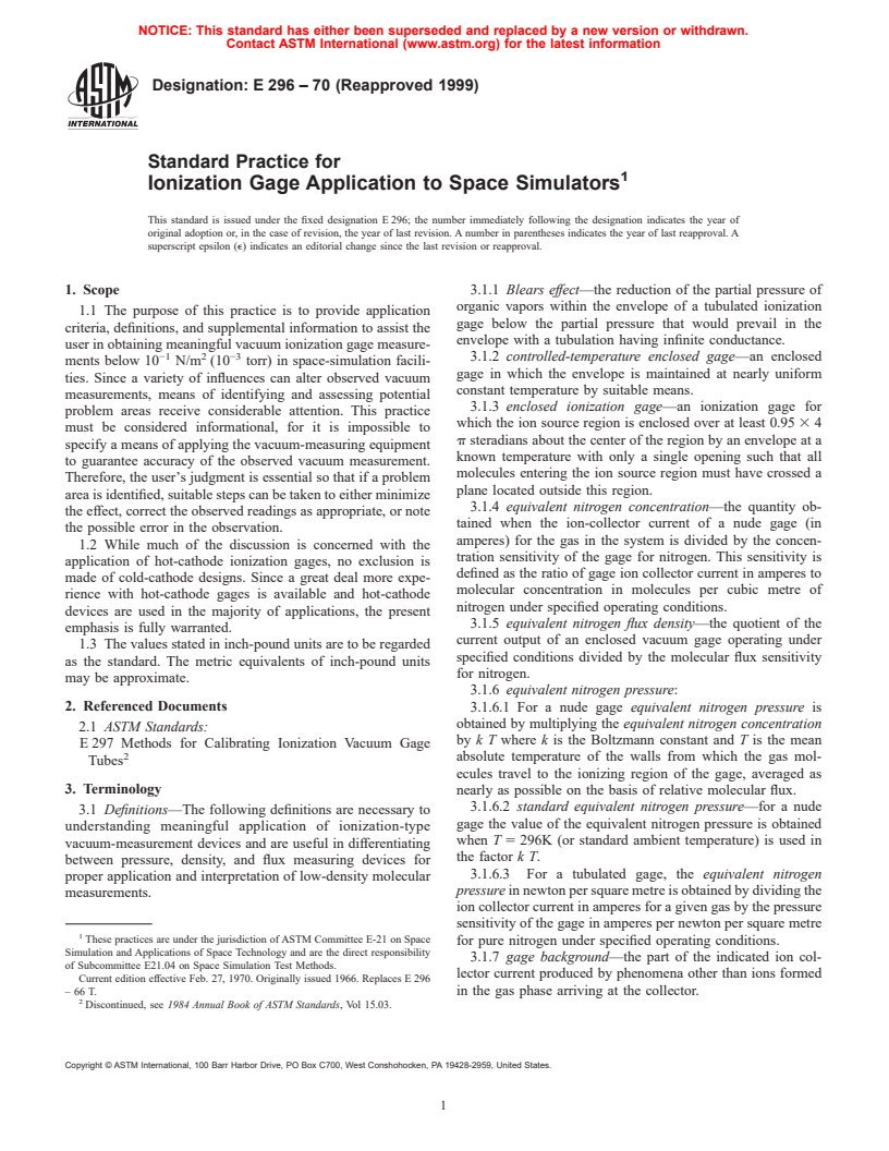 ASTM E296-70(1999) - Standard Practice for Ionization Gage Application to Space Simulators