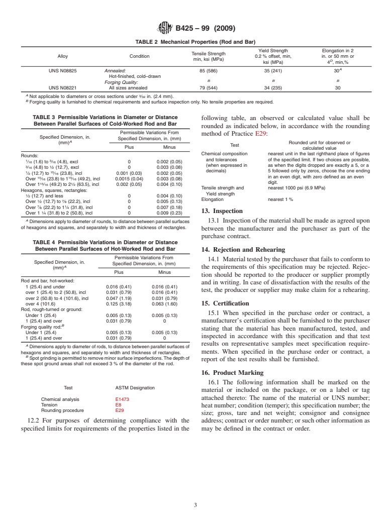 ASTM B425-99(2009) - Standard Specification for Ni-Fe-Cr-Mo-Cu Alloy (UNS N08825 and UNS N08221) Rod and Bar