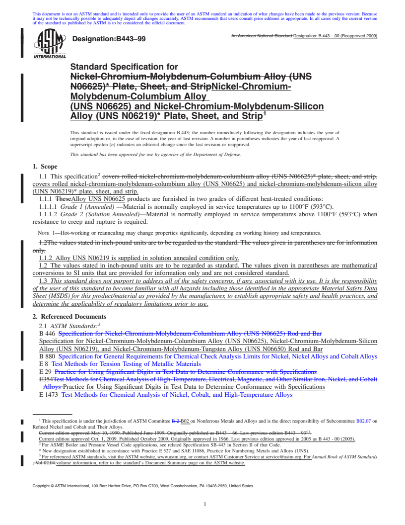 REDLINE ASTM B443-00(2009) - Standard Specification for Nickel-Chromium-Molybdenum-Columbium Alloy (UNS N06625) and Nickel-Chromium-Molybdenum-Silicon Alloy (UNS N06219)* Plate, Sheet, and Strip