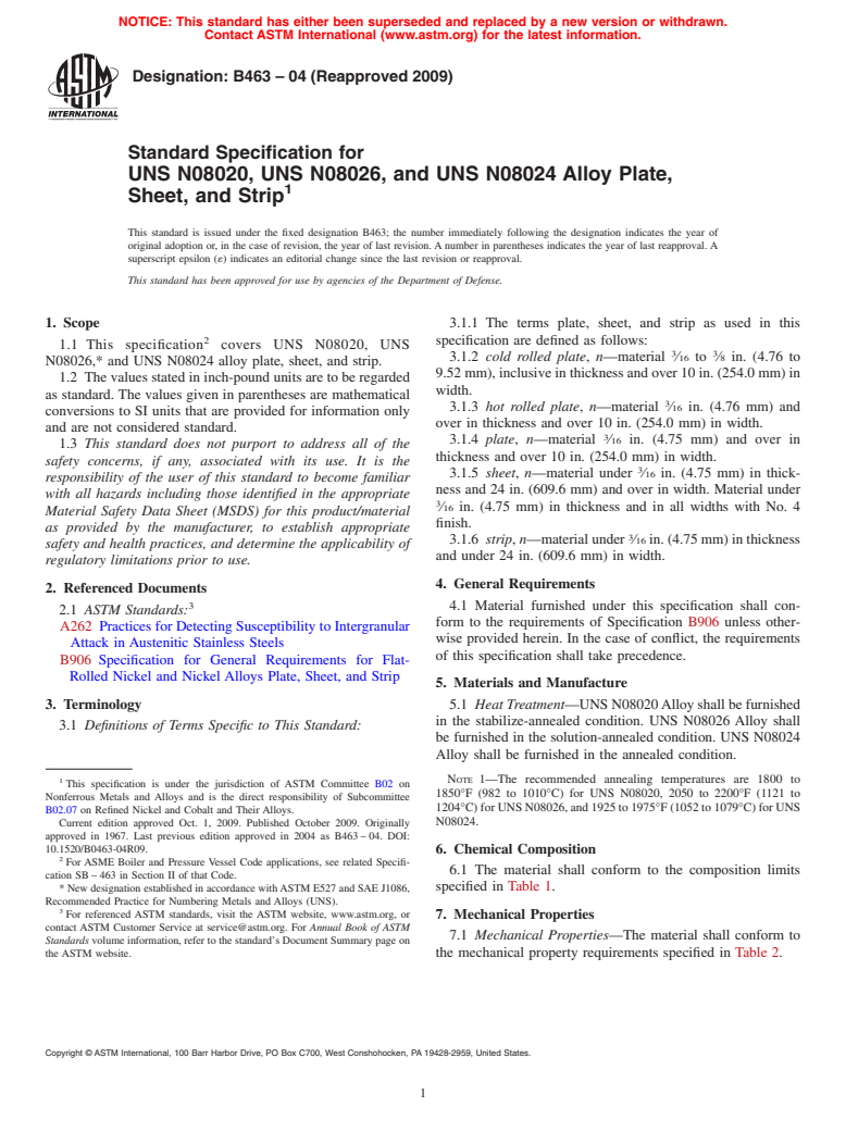 ASTM B463-04(2009) - Standard Specification for UNS N08020, UNS N08026, and UNS N08024 Alloy Plate, Sheet, and Strip