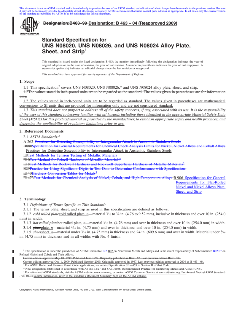 REDLINE ASTM B463-04(2009) - Standard Specification for UNS N08020, UNS N08026, and UNS N08024 Alloy Plate, Sheet, and Strip