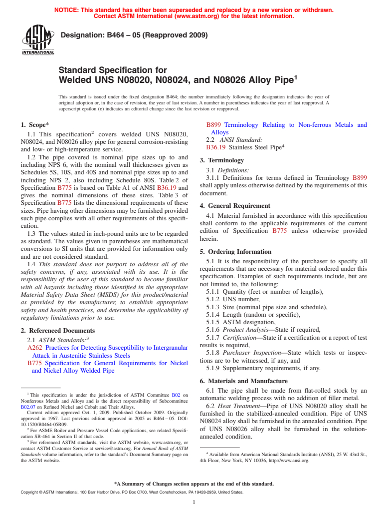 ASTM B464-05(2009) - Standard Specification for Welded UNS N08020, N08024, and N08026 Alloy Pipe