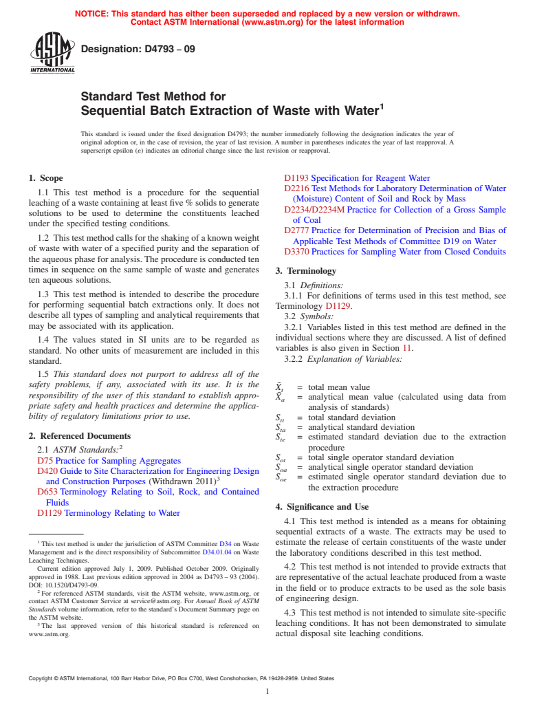 ASTM D4793-09 - Standard Test Method for Sequential Batch Extraction of Waste with Water