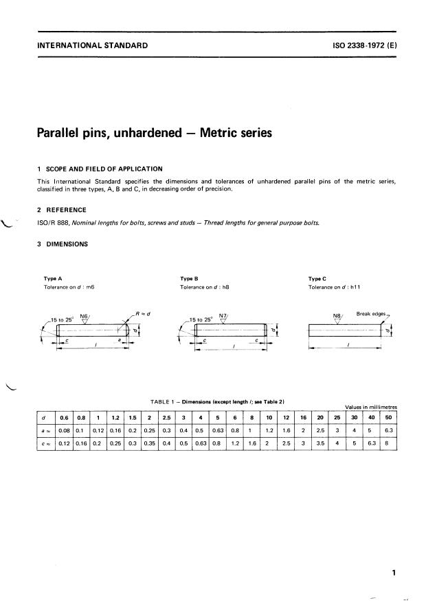 ISO 2338:1972 - Parallel pins, unhardened -- Metric series