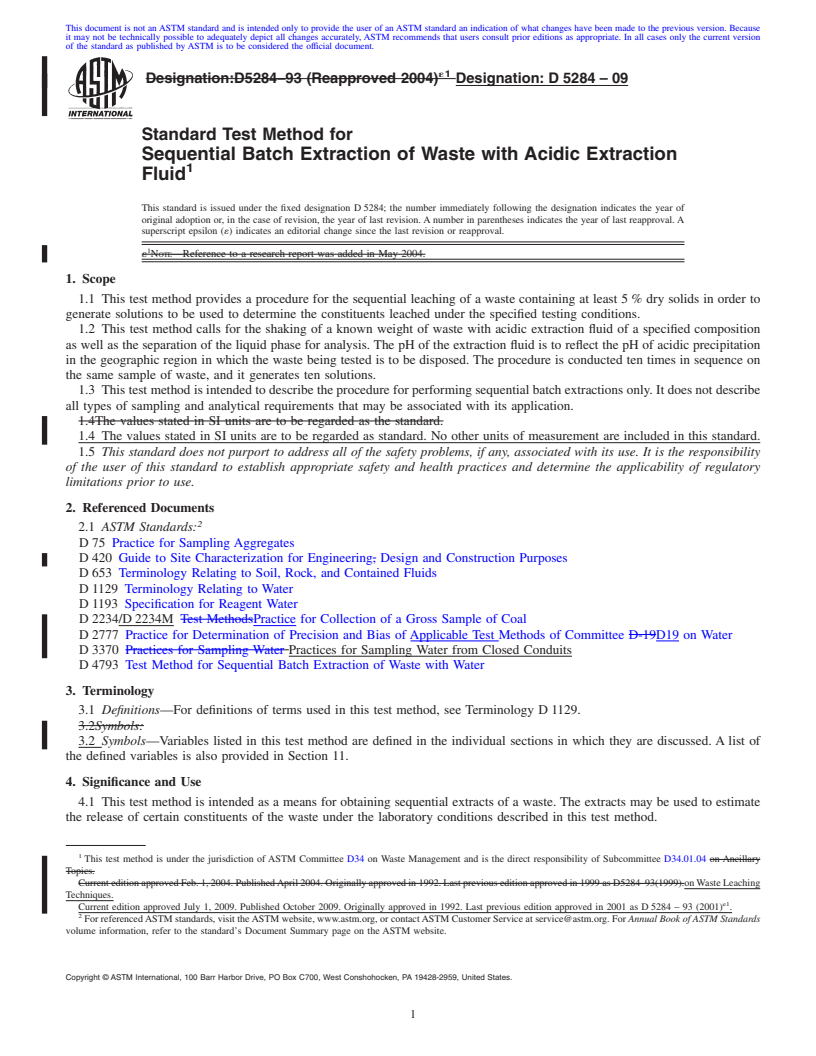 REDLINE ASTM D5284-09 - Standard Test Method for Sequential Batch Extraction of Waste with Acidic Extraction Fluid