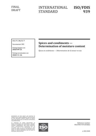 ISO/FDIS 939:Version 13-okt-2020 - Spices and condiments -- Determination of moisture content