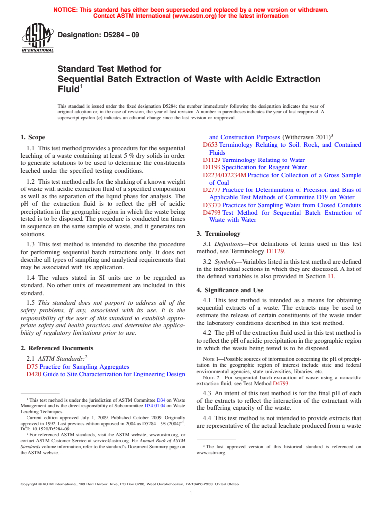 ASTM D5284-09 - Standard Test Method for Sequential Batch Extraction of Waste with Acidic Extraction Fluid