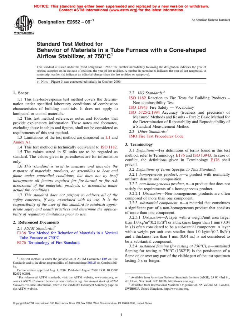 ASTM E2652-09e1 - Standard Test Method for  Behavior of Materials in a Tube Furnace with a Cone-shaped Airflow Stabilizer, at 750<span class='unicode'>&#x00B0;</span>C