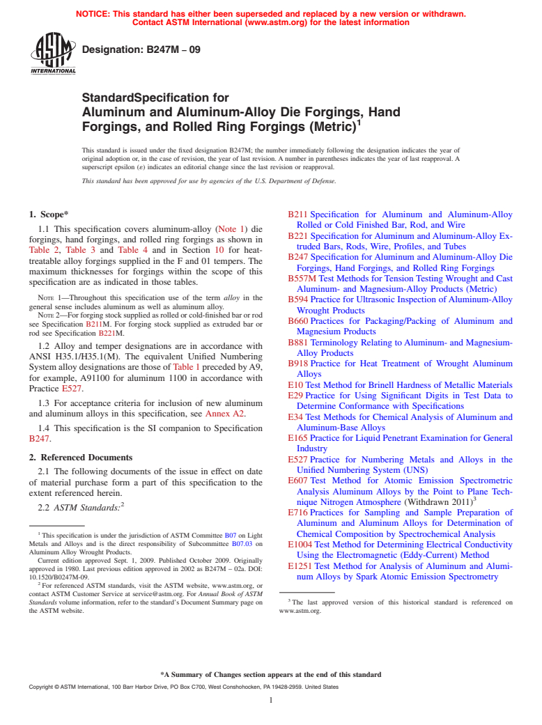 ASTM B247M-09 - Standard Specification for Aluminum and Aluminum-Alloy Die Forgings, Hand Forgings, and Rolled Ring Forgings [Metric]