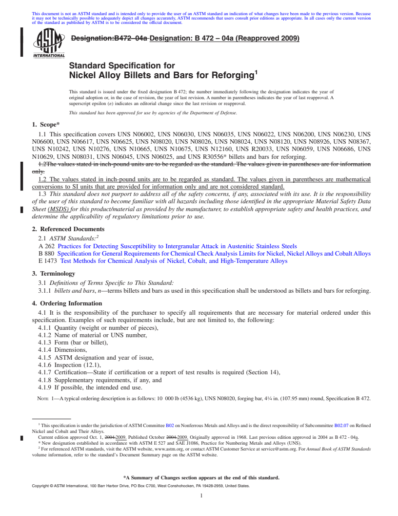 REDLINE ASTM B472-04a(2009) - Standard Specification for Nickel Alloy Billets and Bars for Reforging