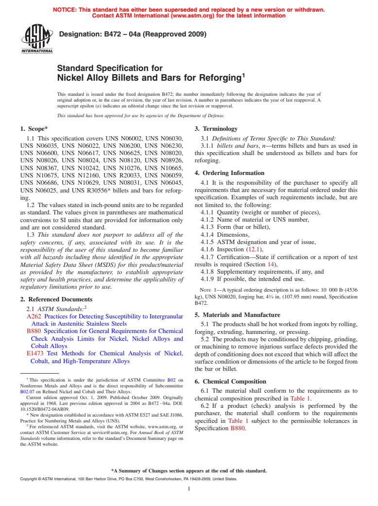 ASTM B472-04a(2009) - Standard Specification for Nickel Alloy Billets and Bars for Reforging