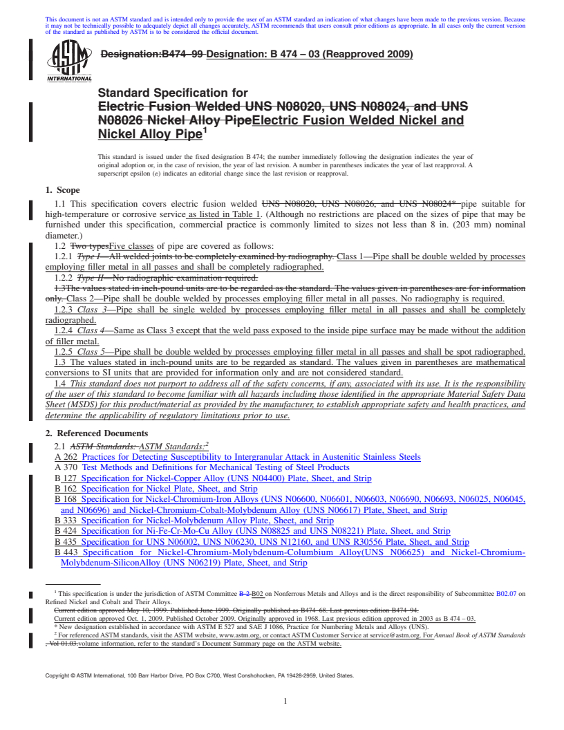 REDLINE ASTM B474-03(2009) - Standard Specification for Electric Fusion Welded Nickel and Nickel Alloy Pipe