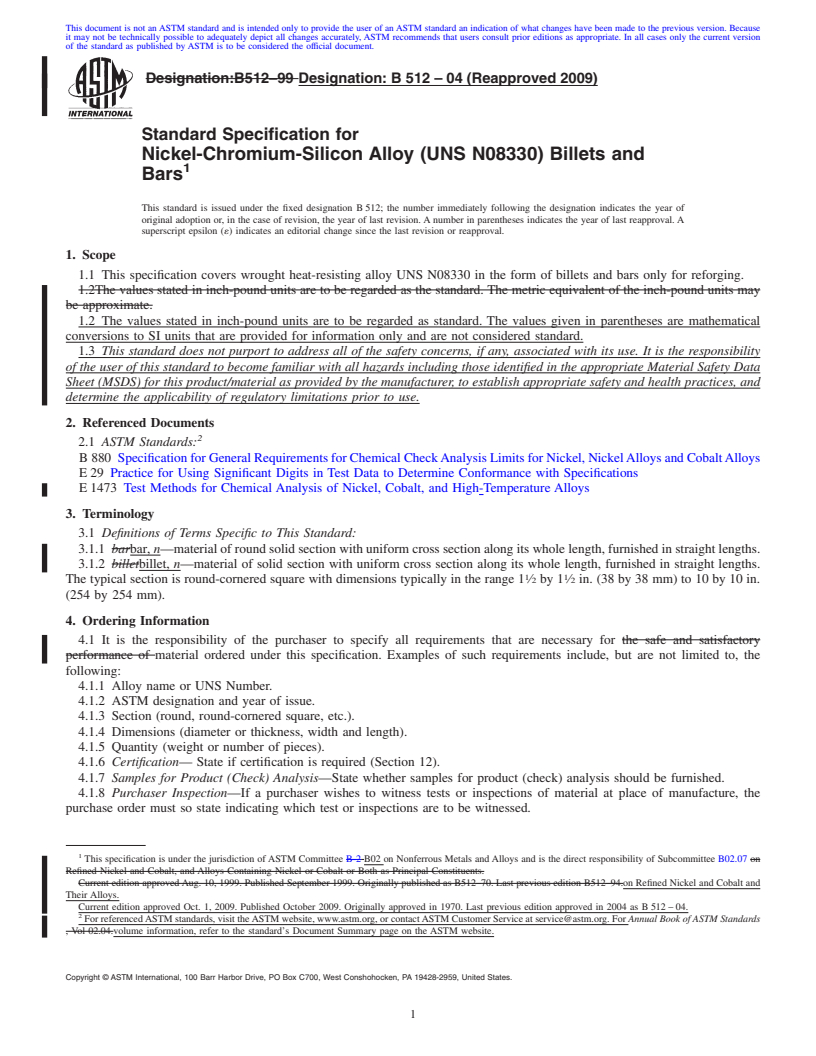 REDLINE ASTM B512-04(2009) - Standard Specification for Nickel-Chromium-Silicon Alloy (UNS N08330) Billets and Bars