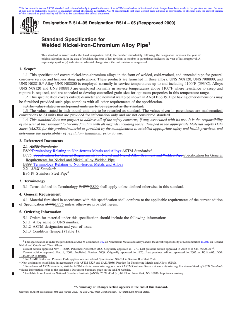 REDLINE ASTM B514-05(2009) - Standard Specification for Welded Nickel-Iron-Chromium Alloy Pipe