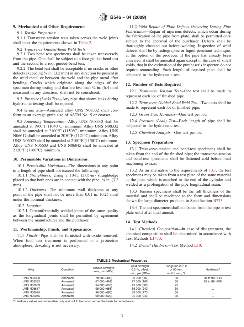 ASTM B546-04(2009) - Standard Specification for Electric Fusion-Welded Ni-Cr-Co-Mo Alloy (UNS N06617), Ni-Fe-Cr-Si Alloys (UNS N08330 and UNS N08332), Ni-Cr-Fe-Al Alloy (UNS N06603), Ni-Cr-Fe Alloy (UNS N06025), and Ni-Cr-Fe-Si Alloy (UNS N06045) Pipe