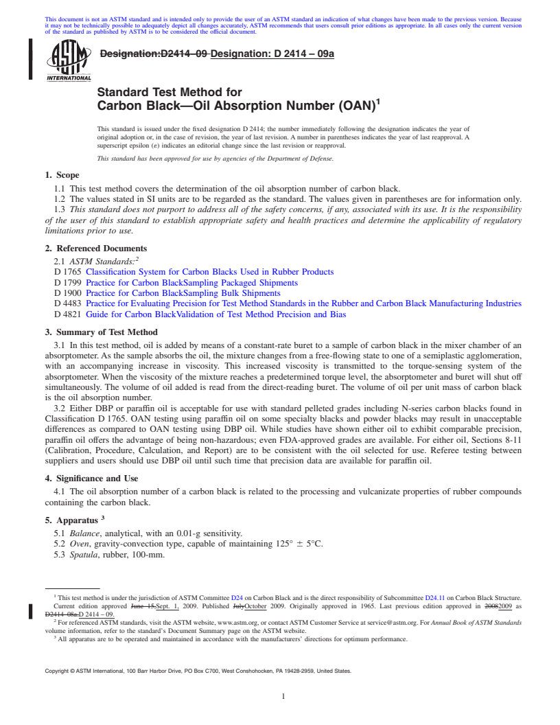 REDLINE ASTM D2414-09a - Standard Test Method for  Carbon Black<span class='unicode'>&#x2014;</span>Oil Absorption Number (OAN)