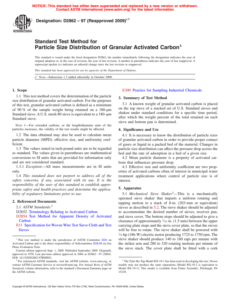 ASTM D2862-97(2009)e1 - Standard Test Method for Particle Size Distribution of Granular Activated Carbon