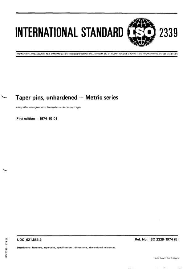 ISO 2339:1974 - Taper pins, unhardened -- Metric series