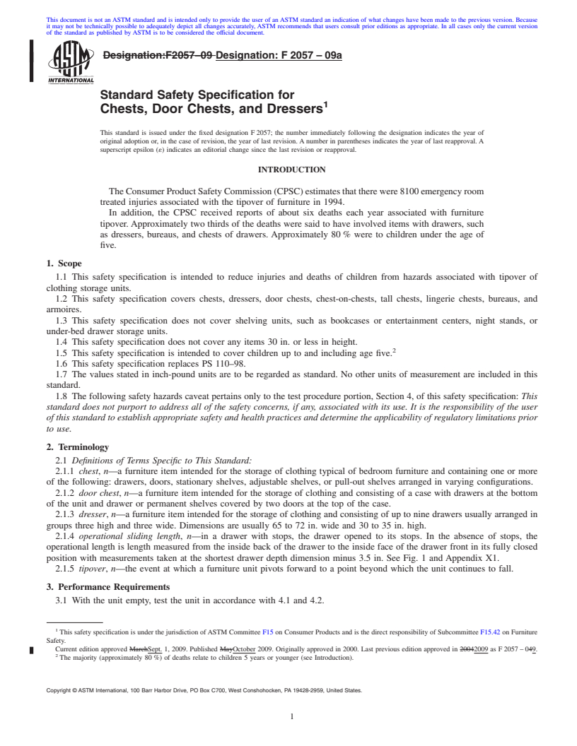 REDLINE ASTM F2057-09a - Standard Safety Specification for Chests, Door Chests, and Dressers